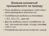 Влияние силикатной промышлености на природу. Пыль (выбросы из дымовых труб и быст роиспаряющиеся компоненты) Газообразные выбросы в атмосферу ( , другие) Другие выбросы (шум и колебания, за- пах, техническая вода, отходы производ ства и т.д.) Потребление ресурсов (энергия, сырье)