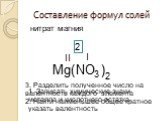 NO нитрат магния Mg II I ( ). 1. Записать химические знаки металла и кислотного остатка, указать валентность. 2. Найти наименьшее общее кратное. 3. Разделить полученное число на валентность каждого элемента