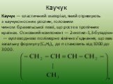 Каучук — еластичний матеріал, який отримують з каучуконосних рослин, головним чином бразильської гевеї, що росте в тропічних країнах. Основний компонент — 2-метил-1,3-бутадієн- — вуглеводневе полімерне хімічне з'єднання, що має загальну формулу (C5H8)n, де n становить від 1000 до 3000.