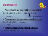 Изомерия. Разветвление углеродного скелета СН3-СН2-СН2-СН2-ОН СН3-СН-СН2-ОН (бутанол-1) СН3 (метилпропанол-1) Положение функциональной группы СН3-СН-СН2-СН3 (бутанол-2) ОН Межклассовая (простые эфиры) СН3-О-СН2-СН2-СН3 (метилпропиловый эфир)