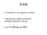 1) Скорость не зависит от [Nu] 2) Влияние заместителей в ароматическом кольце 3) Ar15N+N  ArN+N15