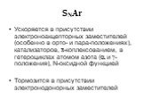 Ускоряется в присутствии электроноакцепторных заместителей (особенно в орто- и пара-положениях), катализаторов, -коплексованием, в гетероциклах атомом азота ( и -положения), N-оксидной функцией Тормозится в присутствии электронодонорных заместителей