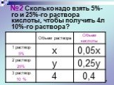 №2 Сколько надо взять 5%-го и 25%-го раствора кислоты, чтобы получить 4л 10%-го раствора?