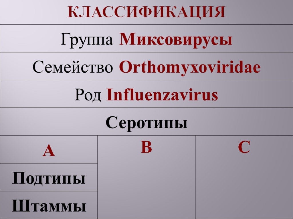 Грипп классификация. В группу миксовирусов входят.