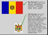 Флаг Молдавии был принят в 1990 году. Представляет собой триколор с равновеликими полосами, расположенными вертикально, в следующем порядке начиная от древка: голубая, жёлтая, красная. Герб Молдавии представляет собой пересечённый щит, в верхней части которого — красное поле, в нижней — синее. В цен