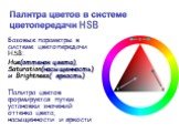 Базовые параметры в системе цветопередачи HSB: Hue(оттенок цвета), Saturation(насыщенность) и Brightnees( яркость) Палитра цветов формируется путем установки значений оттенка цвета, насыщенности и яркости. HSB