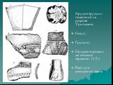 Орудия труда из поселений на острове Урильском: Сосуд; Грузило; Орнаментированные объекты керамики (4,5); Пест для растирания зерна.