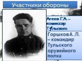 Участники обороны. Агеев Г.А. - комиссар Тульского рабочего полка. Герой Советского Союза. Горшков А..П. – командир Тульского оружейного полка