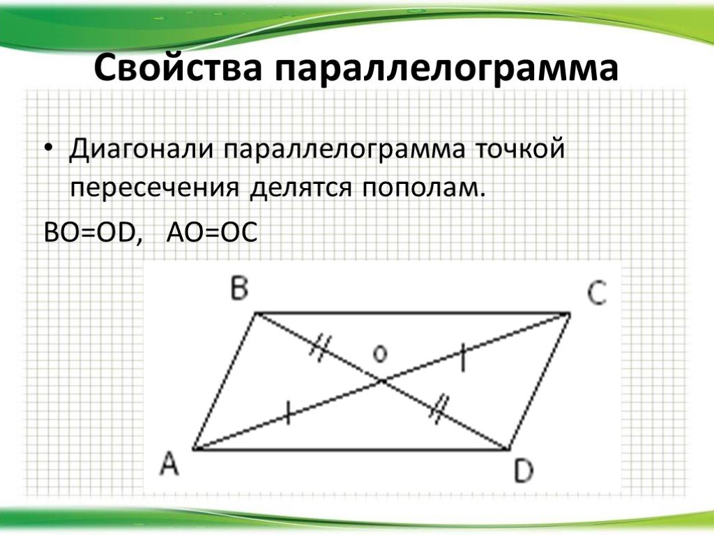 Диагонали параллелограмма равны верно или. Пересечение диагоналей параллелограмма свойства. Диагонали параллелограмма точкой пересечения делятся. Диагонали параллелограмма точкой пересечения делятся пополам. Точка пересечения диагоналей параллелограмма.