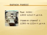Фараон Рамзес. Годы жизни : 1303 -1212 гг. до н.э. Управлял страной с 1290- по 1224 гг. до н.э.