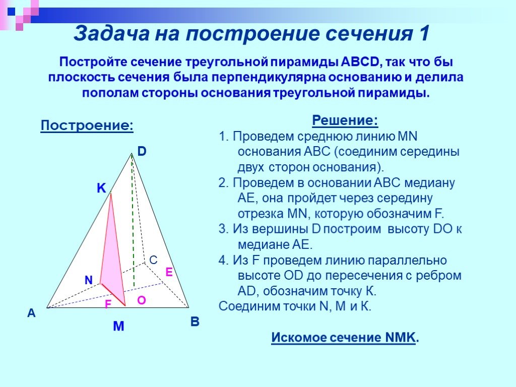 Сечение пирамиды плоскостью перпендикулярной боковой стороне. Построение сечений треугольной пирамиды. Перпендикулярное сечение пирамиды. Треугольное сечение.