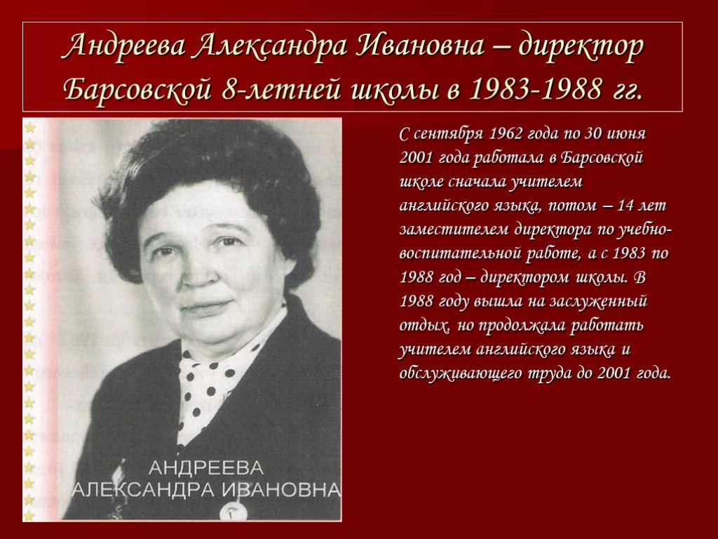 1983 1988. Андреева Александра Ивановна. Иванова Александра Ивановна педагог. Сорокина Александра Ивановна педагог. Учителя английского в Барсовской школе.