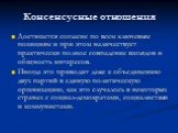 Консенсусные отношения. Достигается согласие по всем ключевым позициям и при этом наличествует практически полное совпадение взглядов и общность интересов. Иногда это приводит даже к объединению двух партий в единую политическую организацию, как это случалось в некоторых странах с социал-демократами