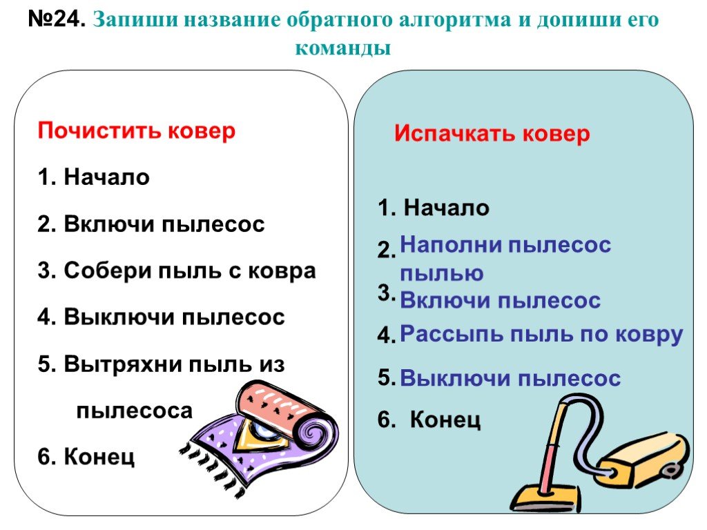 Запиши обратно. Запиши название обратного алгоритма и допиши. Запишите название обратного алгоритма. Запиши название алгоритма и допиши его команды. Запиши название обратного алгоритма и допиши команды почистить ковер.