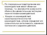 По современным представлениям все взаимодействия имеют обменную природу, т.е. реализуются в результате обмена фундаментальными частицами – переносчиками взаимодействий. Каждое из взаимодействий характеризуется константой взаимодействия, которое определяет его сравнительную интенсивность, временем пр