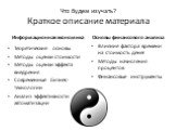 Что будем изучать? Краткое описание материала. Информационная экономика. Теоретические основы Методы оценки стоимости Методы оценки эффекта внедрения Современные бизнес-технологии Анализ эффективности автоматизации. Основы финансового анализа. Влияние фактора времени на стоимость денег Методы начисл