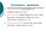 Группировка принципов: экономические (соразмерность, справедливость и др.); юридические (равномерность налогового бремени, отрицание обратной силы налогового закона и т. д.); организационные (единство налоговой системы, стабильность и др.).