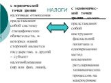 НАЛОГИ. с юридической точки зрения налоговые отношения представляют собой систему специфических обязательств, в которых одной стороной является государство, а другой – субъект налогообложения (юр.или физ. лицо). с экономичес- кой точки зрения налоги представляют собой инструмент фискальной политики 