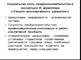 Социальная роль предпринимательства в концепции Й. Шумпетера («Теория экономического развития»). преодоление инерционности экономической системы Сущность предпринимательства - организационные инновации в целях извлечения прибыли «созидательное разрушение» - изменение устойчивых стереотипов хозяйстве