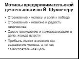 Мотивы предпринимательской деятельности по Й. Шумпетеру. Стремление к успеху и воля к победе Стремление к новизне и радость творчества Самоутверждение и самореализация в деле, жажда власти Прибыль имеет значение как выражение успеха, а не как самостоятельная цель