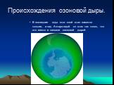 Происхождения озоновой дыры. В последние годы этот слой стал заметно тоньше, а над Антарктидой он стал так тонок, что это место и назвали озоновой дырой.