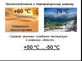 Приспособления к температурному режиму. +60 °С -70 °С. Поверхность песка в пустыне. Области Восточной Сибири. Средний диапазон колебания температуры в наземных областях. +50 °С …-50 °С