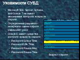 Microsoft SQL Server, Sybase, and Oracle 7 не имеют механизмов контроля возраста пароля Определение разумного интервала смены пароля уменьшает риск Oracle 8 имеет средства контроля возраста пароля: Password Grace Time Password Life Time Password Reuse Max Password Reuse Time. Возраст пароля