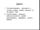 Цели: Систематизировать, расширить и углубить знания, умения учащихся по изучаемой теме. Способствовать развитию наблюдательности, умения анализировать, сравнивать, делать выводы