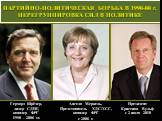 Герхард Шрёдер, лидер СДПГ, канцлер ФРГ 1998 – 2006 г.г. ПАРТИЙНО-ПОЛИТИЧЕСКАЯ БОРЬБА В 1990-00 г. ПЕРЕГРУППИРОВКА СИЛ В ПОЛИТИКЕ. Ангела Меркель, Представитель ХДС/ХСС, канцлер ФРГ с 2006 г. Президент Кристиан Вульф с 2 июля 2010