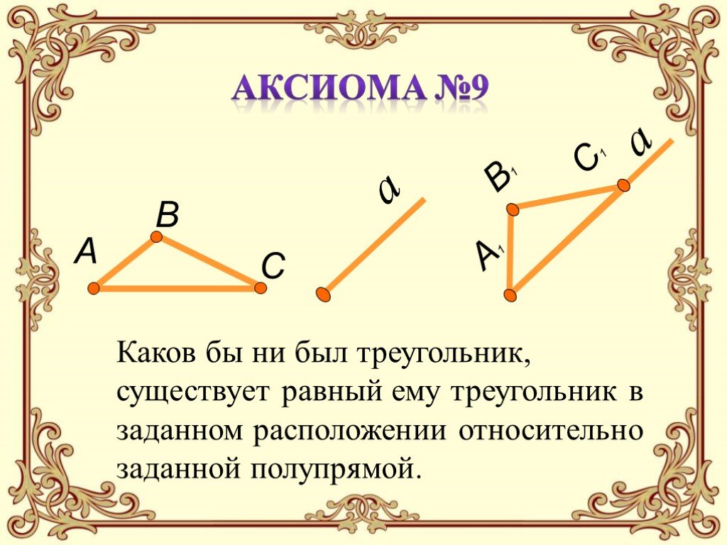 Аксиома 9. Каков бы ни был треугольник. Каков бы ни был треугольник существует равный ему треугольник. Аксиома треугольника. Аксиома существования треугольника равного данному.