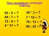 Реши выражения, используя таблицу. 65 : 5 = ? 84 : 7 = ? 72 : 4 = ? 4 * 17 = ? 18 * 3 = ? 7 * 12 = ? 78 : 13 = ? 66 : 22 =?
