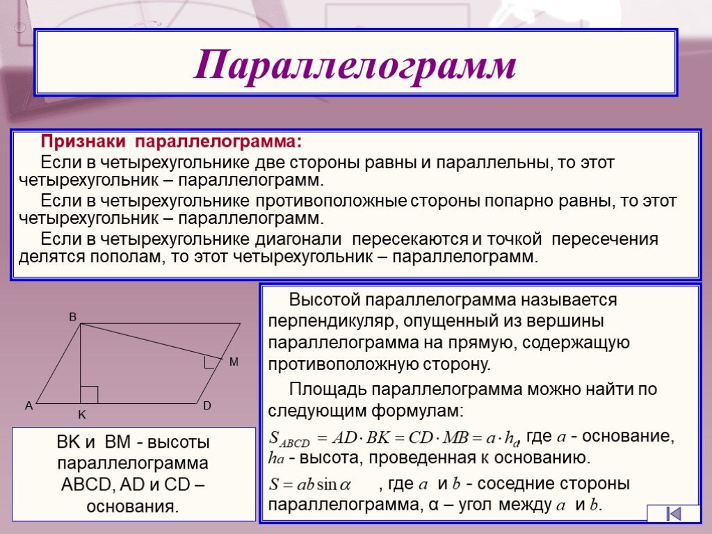 Две стороны равны и параллельны. Элементы параллелограмма. Признаки равенства параллелограммов. Если в четырехугольнике противоположные стороны попарно равны. Признаки параллелограмма.