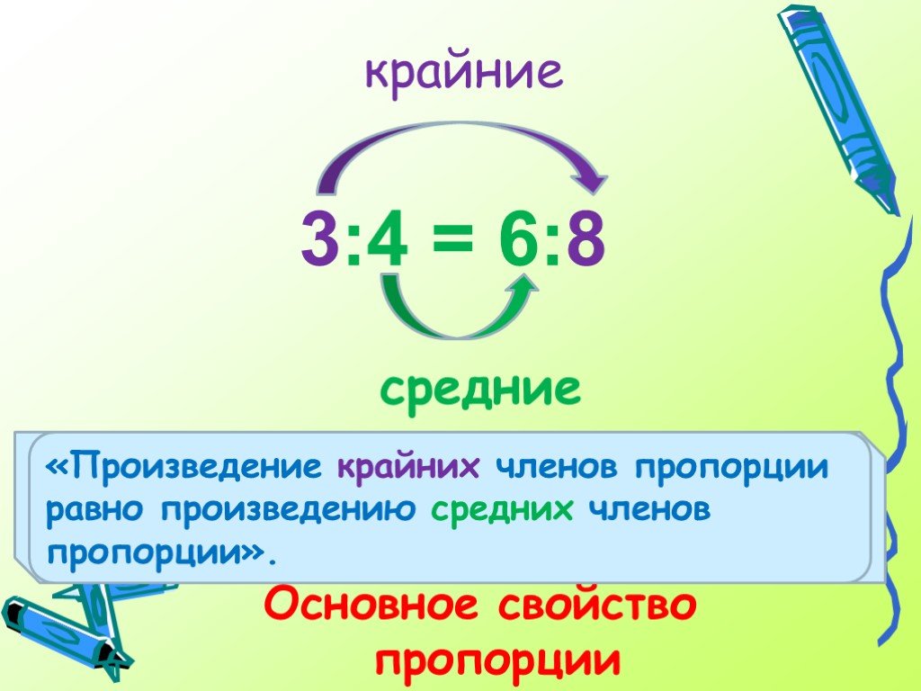 Произведение средних членов пропорции. Произведение крайних равно произведению средних. Произведение членов пропорции равно. Средние и крайние пропорции. Крайние и средние члены пропорции.