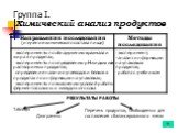 Группа I. Химический анализ продуктов. РЕЗУЛЬТАТЫ РАБОТЫ. Таблицы Диаграммы. Перечень продуктов, необходимых для составления сбалансированного меню