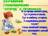 Заучивание стихотворения “Огород” А. Прокофьев. В огороде много гряд, Тут и репа и салат, Тут и свёкла, и горох, А картофель разве плох? Наш зелёный огород Нас прокормит целый год.