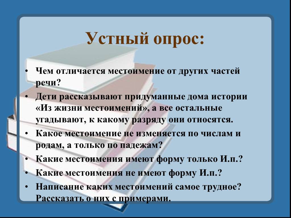 Устный опрос. Чем отличается местоимение от других частей речи. Устный опрос по русскому языку 2 класс. Чем отличается местоимение от.