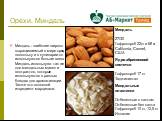 Орехи. Миндаль. Миндаль - наиболее широко выращиваемый в мире орех, поскольку и в кулинарии он используются больше всего. Миндаль используют так же для миндальных масел и экстрактов, которые используются в разных блюдах для ароматизации. Также это основной ингредиент марципана. Миндальные пластинки 