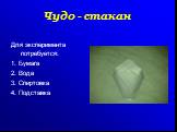 Чудо - стакан. Для эксперимента потребуется: 1. Бумага 2. Вода 3. Спиртовка 4. Подставка