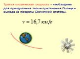 Третья космическая скорость – необходима для преодоления телом притяжения Солнца и выхода за пределы Солнечной системы.