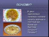 В двух одинаковых тарелках поровну налиты жирные и постные щи. Какие щи быстрее остынут? Почему?