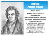 (1775 - 1836) Французский физик и математик. Он создал первую теорию, которая выражала связь электрических и магнитных явлений. Амперу принадлежит гипотеза о природе магнетизма, он ввёл в физику понятие «электрический ток». Ампер Андре Мари