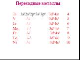 Переходные металлы. Ti 1s22s22p63s23p6 3d24s2 4 V /-/ 3d34s2 5 Cr /-/ 3d54s1 6 Mn /-/ 3d54s2 7 Fe /-/ 3d64s2 8 Co /-/ 3d74s2 9 Ni /-/ 3d84s2 10