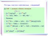 Д) ОВР + реакции обмена лигандов +Ок.+ L [СoII(H2O)6]2+  [СoIIIL6]3+ Ок.: H2O2, KNO2 … L – NH3, NO2– … Примеры: 2CoIICl2 + 12NH3 + H2O2 = 2[CoIII(NH3)6](OH)Cl2 CoIICl2 + 7KNO2 + 2CH3COOH = = K3[CoIII(NO2)6] + NO + 2KCl + 2CH3COOK + H2O + Вс [NiII(CN)4]2–  [Ni0(CN)4]4–