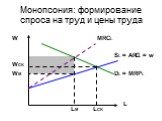 Монопсония: формирование спроса на труд и цены труда. WCK WM LM LCK DL = MRPL SL = ARCL = w