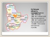 Київська область складається з: 25 районів 26 міст обласного підпорядкування 30 міст районного підпорядкування 1126 сільських населених пунктів.