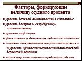 Факторы, формирующие величину ссудного процента. ■ уровень деловой активности в экономике ■ уровень доверия к государству, правительству ■ уровень инфляции. ■ фискальная и денежно-кредитная политика ■ степень открытости национального рынка и уровень привлекательности национальной денежной единицы ■ 