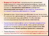 Возраст от 3х до 5 лет характеризуется дальнейшим развитием речи, совершенствованием нервных процессов (увеличивается их сила, подвижность и уравновешенность), процессы внутреннего торможения приобретают доминирующее значение, но запоздалое торможение и условный тормоз вырабатываются с трудом. Динам