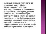 Аномалии развития органов дыхания могут быть первичными, это при наследственных изменениях. Вторичные, это врожденные аномалии, возникающие внутриутробно если во время закладки и дифференцииции органов дыхания отмечается воздействие на плод тератогенных или каких либо неблагоприятных факторов.