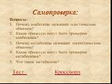 Самопроверка: Вопросы: Почему анаболизм называют пластическим обменом? Какие процессы могут быть примером анаболизма? Почему катаболизм называют энергетическим обменом? Какие процессы могут быть примером катаболизма? Что такое метаболизм? Тест Кроссворд