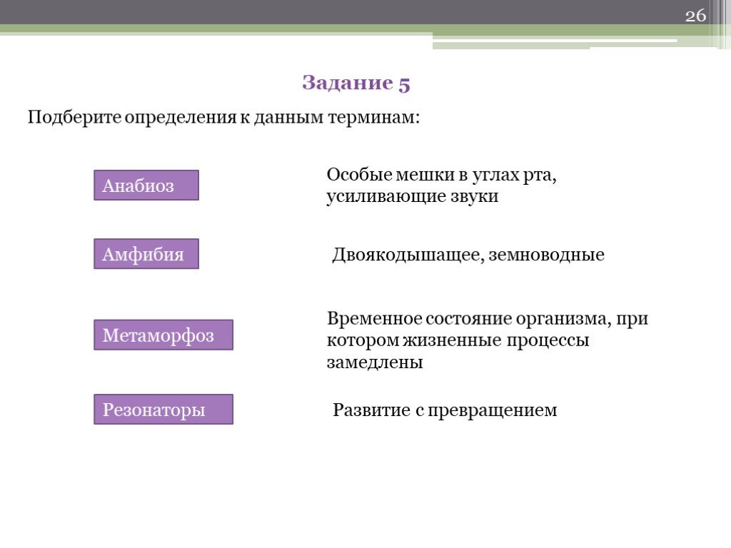 Подходящее определение. Задачи на подбор определений. Выберите определение данных. Подберите определения к методам поиска:. Анабиоз, амфибия, метаморфоз, резонаторы.